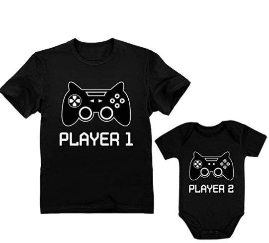 pregnancy reveal to husband ideas: Player One Player Two Dad and Son Matching Shirts